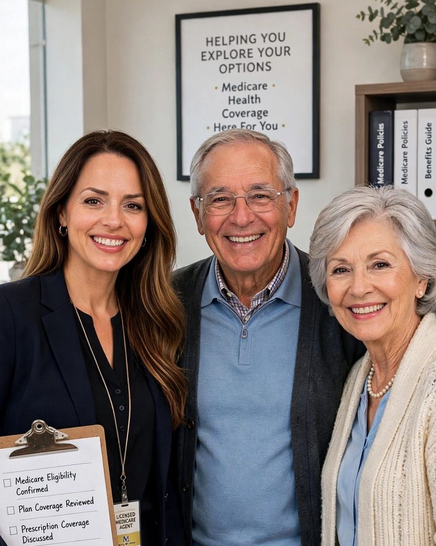 Viktoriia Kotsiuba with a senior couple in her office, holding their Medicare checklist