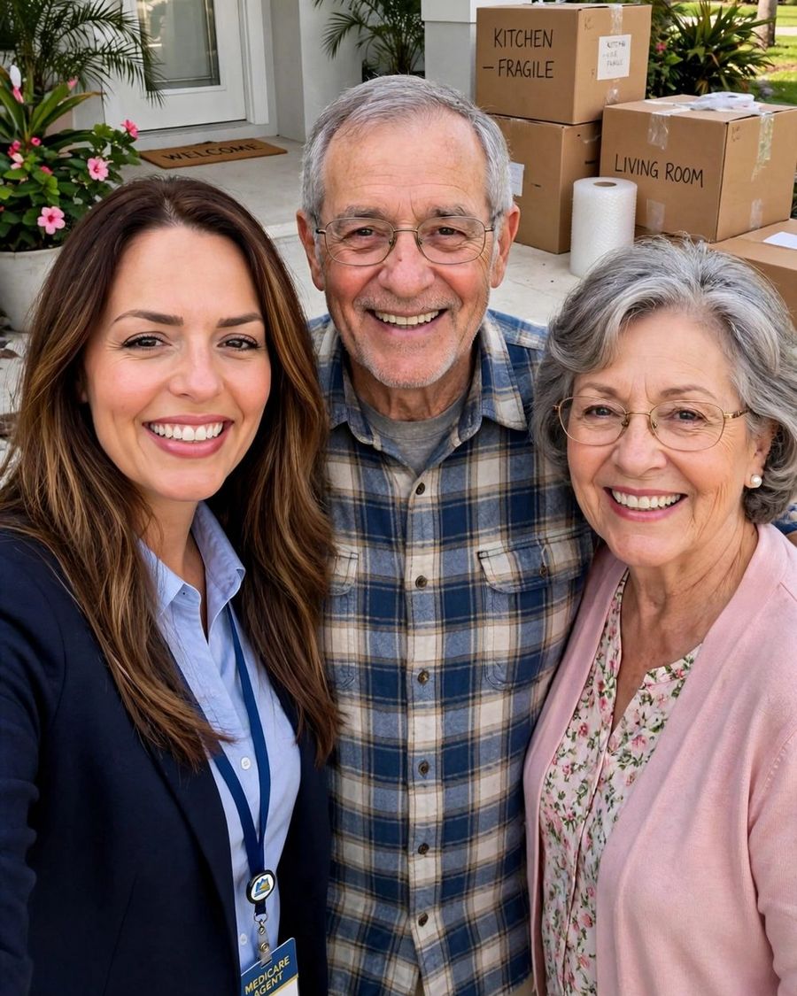 Viktoriia welcoming a senior couple at their new Florida home