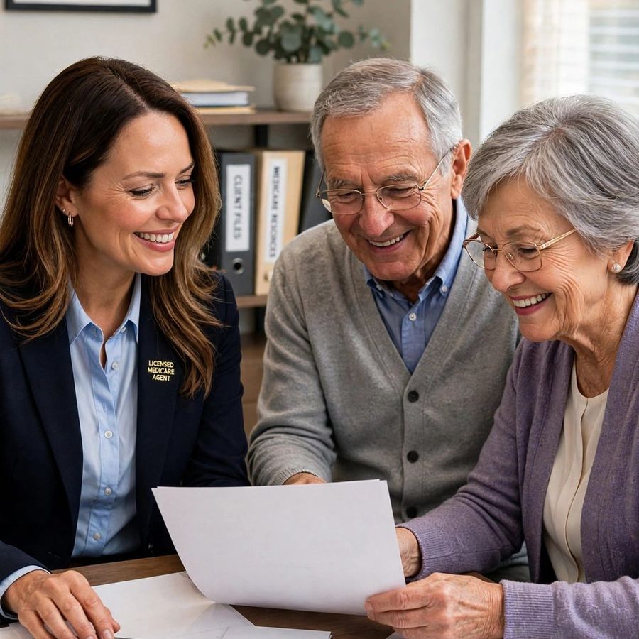 Viktoriia reviewing plan costs at a desk with a senior couple